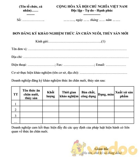 Đơn đăng ký khảo nghiệm thức ăn chăn nuôi, thủy sản mới