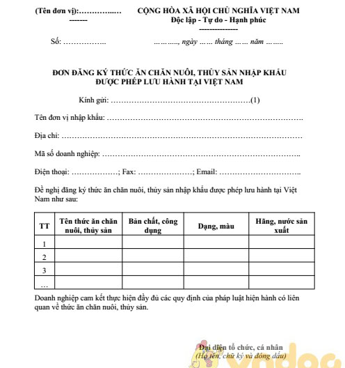 Đơn đăng ký thức ăn chăn nuôi, thủy sản nhập khẩu