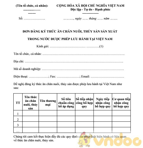 Đơn đăng ký thức ăn chăn nuôi, thủy sản sản xuất trong nước