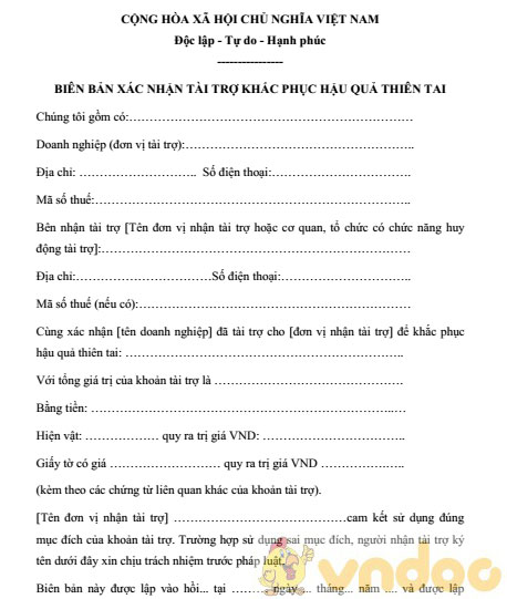 Biên bản xác nhận tài trợ khắc phục hậu quả thiên tai