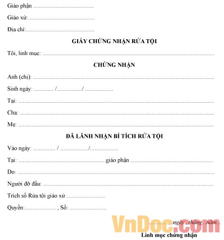 Mẫu bản chứng nhận bí tích rửa tội