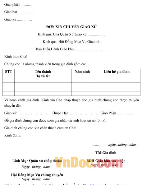 Mẫu đơn xin được chuyển sang giáo xứ khác