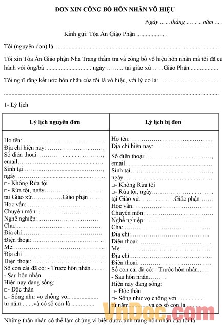 Mẫu đơn xin được công bố hôn nhân vô hiệu