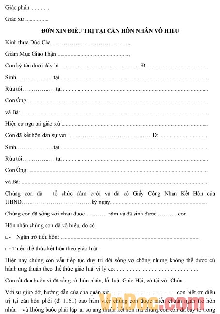 Mẫu đơn xin được điều trị tại căn hôn nhân vô hiệu