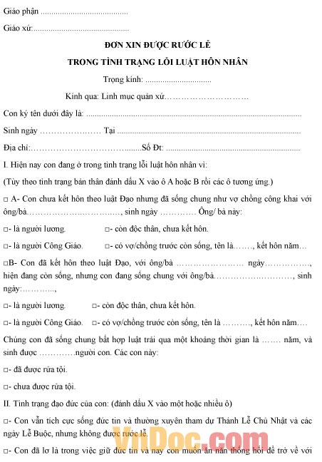 Mẫu đơn xin rước lễ trong tình trạng lỗi luật hôn nhân