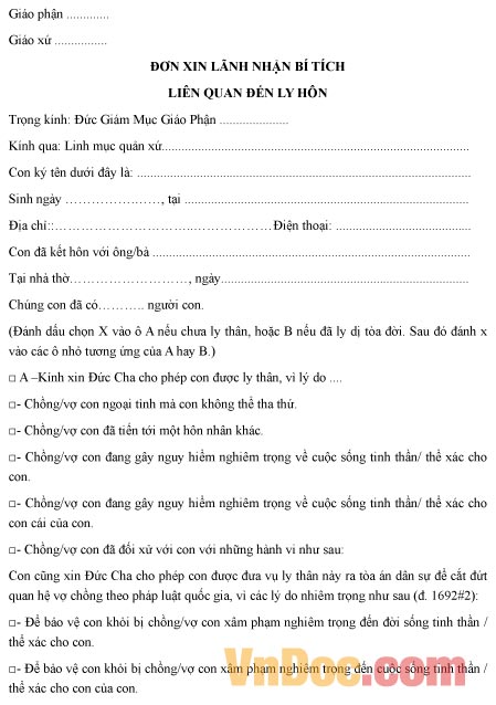 Mẫu đơn xin lãnh nhận bí tích ly hôn