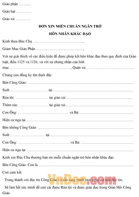 Mẫu đơn xin được miễn chuẩn ngăn trở về hôn nhân khác đạo