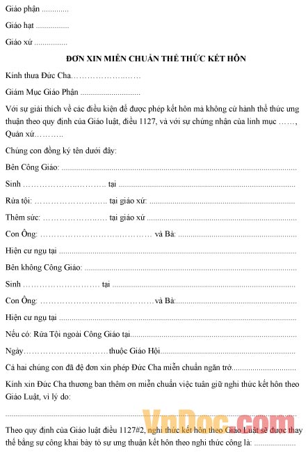 Mẫu đơn xin được miễn về chuẩn thể thức kết hôn