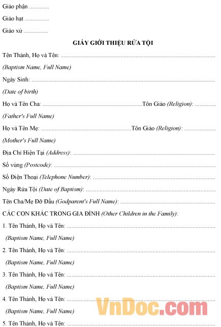 Mẫu giấy ghi chép giới thiệu rửa tội