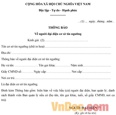 Mẫu thông báo về người đại diện cơ sở tín ngưỡng