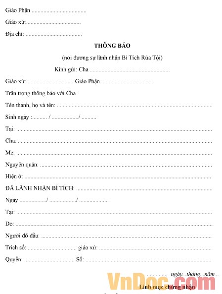 Mẫu thông báo về nơi đương sự lãnh nhận bí tích rửa tội