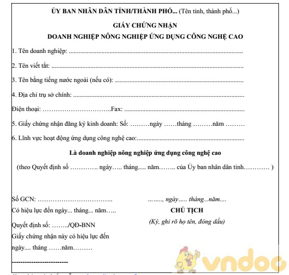 Giấy chứng nhận doanh nghiệp nông nghiệp ứng dụng công nghệ cao mới