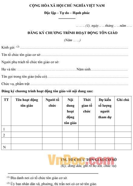 Mẫu bản đăng ký chương trình hoạt động tôn giáo