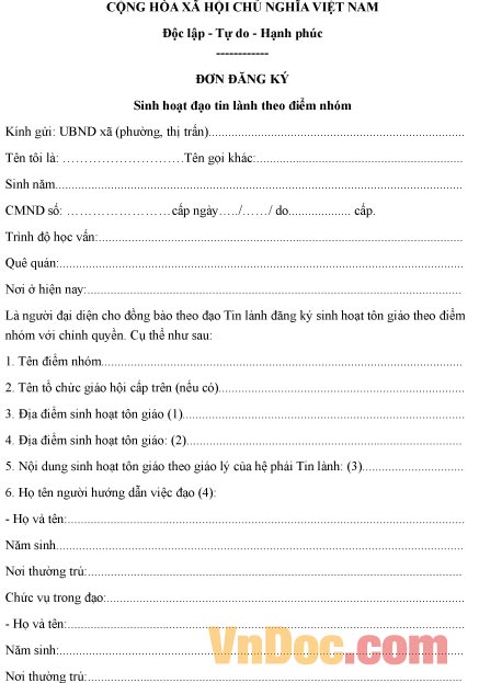 Mẫu bản đăng ký sinh hoạt đạo tin lành theo điểm nhóm