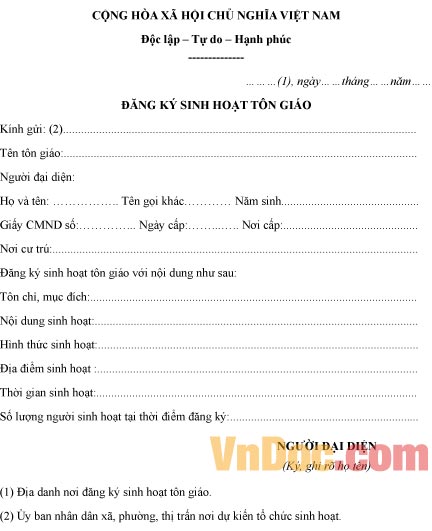 Mẫu bản đăng ký sinh hoạt tôn giáo