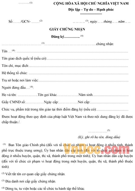 Mẫu giấy chứng nhận đăng ký tu viện, tổ chức tu hành