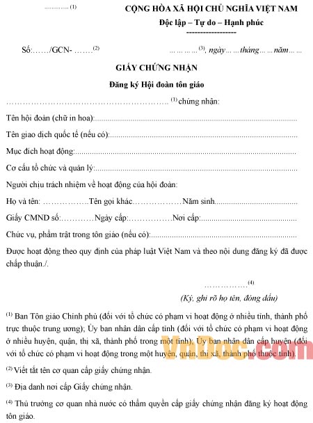 Mẫu giấy chứng nhận đăng ký tôn giáo