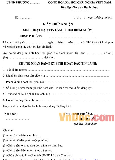 Mẫu giấy chứng nhận về việc sinh hoạt đạo tin lành theo điểm nhóm