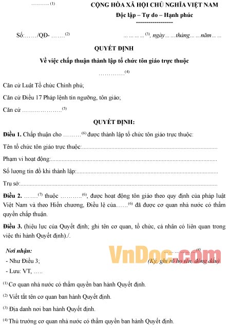 Mẫu quyết định chấp nhận thành lập tổ chức tôn giáo