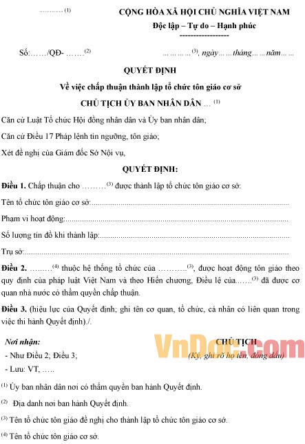 Mẫu quyết định về việc chấp thuận thành lập tổ chức tôn giáo