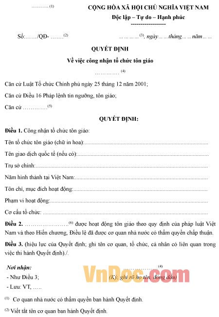 Mẫu quyết định về việc công nhận tổ chức tôn giáo