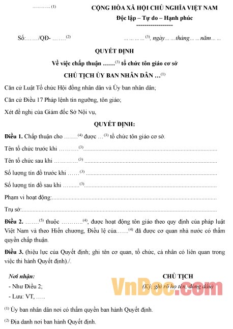 Mẫu quyết định chấp thuận chia hoặc tách tổ chức tôn giáo cơ sở