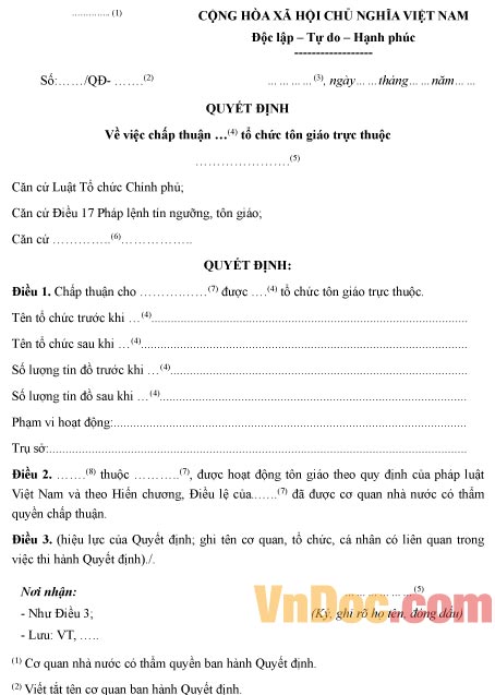 Mẫu quyết định chấp thuận chia hoặc tách tổ chức tôn giáo trực thuộc