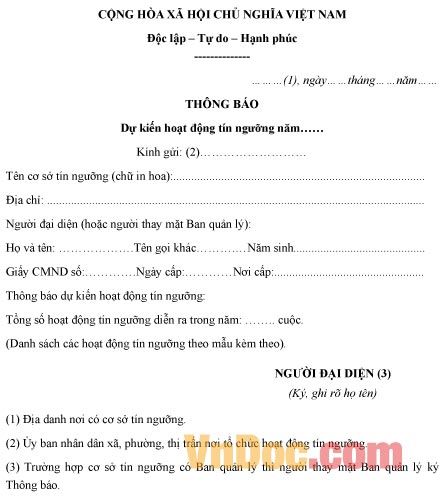 Mẫu thông báo về việc dự kiến hoạt động tín ngưỡng