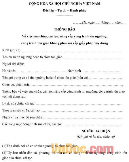 Mẫu thông báo về việc sửa chữa công trình tín ngưỡng tôn giáo không phải xin giấy phép xây dựng