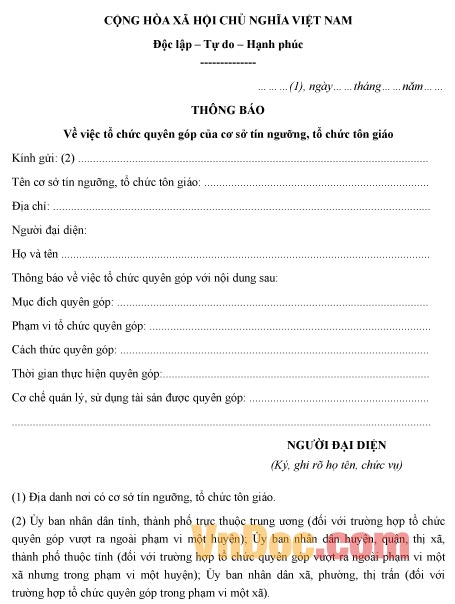 Mẫu bản thông báo về việc tổ chức quyên góp của cơ sở tín ngưỡng, tổ chức tôn giáo