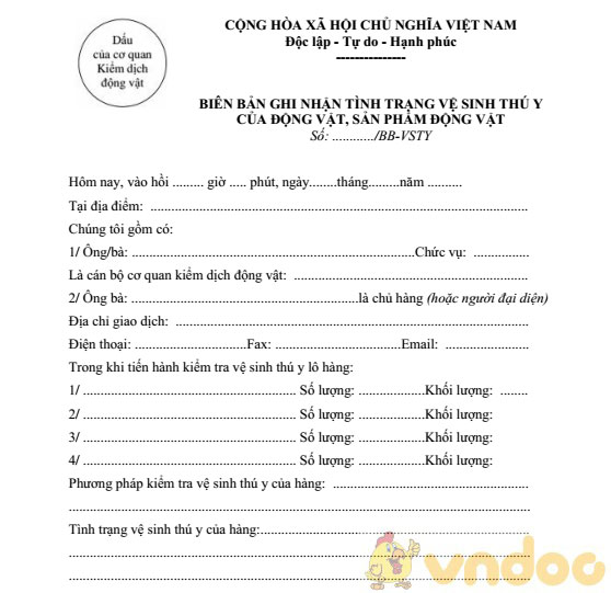 Biên bản ghi nhận tình trạng vệ sinh thú y của động vật