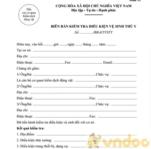 Biên bản kiểm tra điều kiện vệ sinh thú y