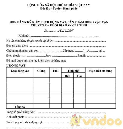 Đơn đăng ký kiểm dịch động vật, sản phẩm động vật vận chuyển ra khỏi tỉnh