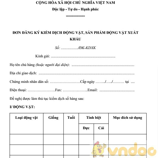 Đơn đăng ký kiểm dịch động vật, sản phẩm động vật xuất khẩu