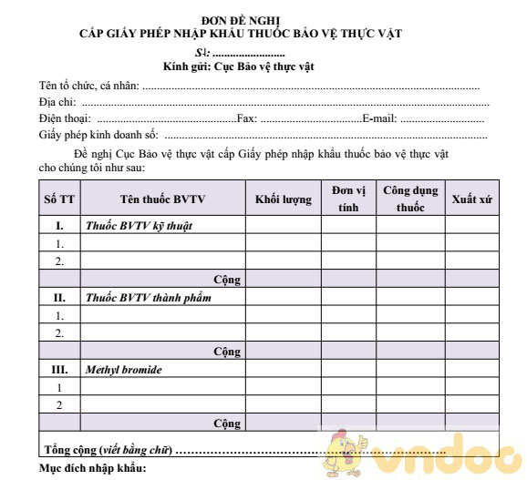 Đơn đề nghị cấp giấy phép nhập khẩu thuốc bảo vệ thực vật