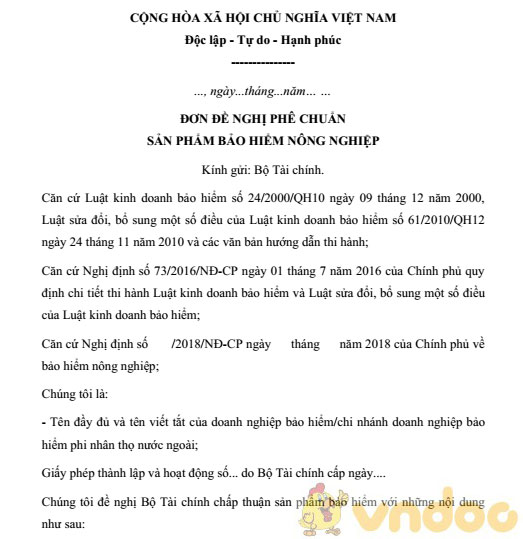 Đơn đề nghị phê chuẩn sản phẩm bảo hiểm nông nghiệp
