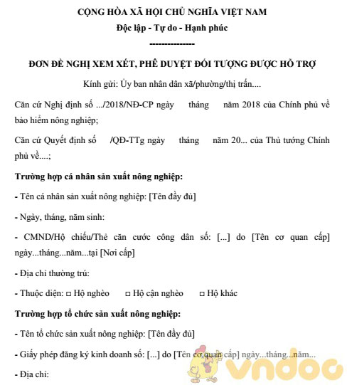 Đơn đề nghị xem xét, phê duyệt đối tượng được hỗ trợ