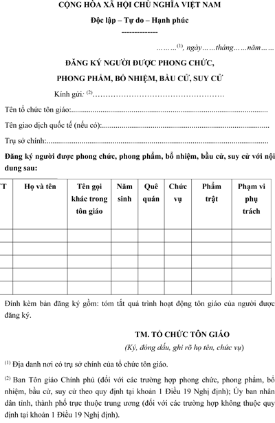 Mẫu đơn đăng ký người được phong chức, phong phẩm, bổ nhiệm, bầu cử, suy cử trong tôn giáo