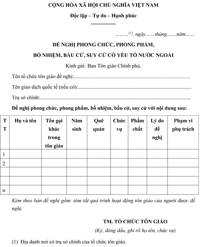 Mẫu đơn đăng ký người được phong chức, phong phẩm, có yếu tố nước ngoài trong tôn giáo