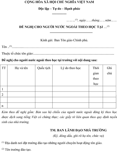 Mẫu đơn xin cho người nước ngoài theo học tại trường tôn giáo