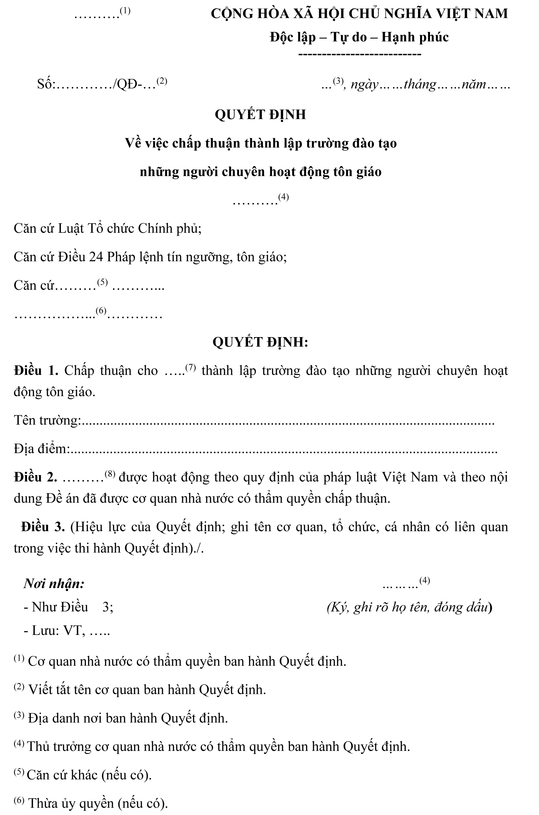 Mẫu quyết định chấp thuận thành lập trường đào tạo người chuyên hoạt động tôn giáo