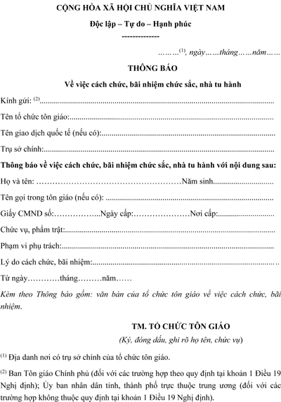 Mẫu thông báo về việc cách chức, bãi nhiệm chức sắc nhà tu hành