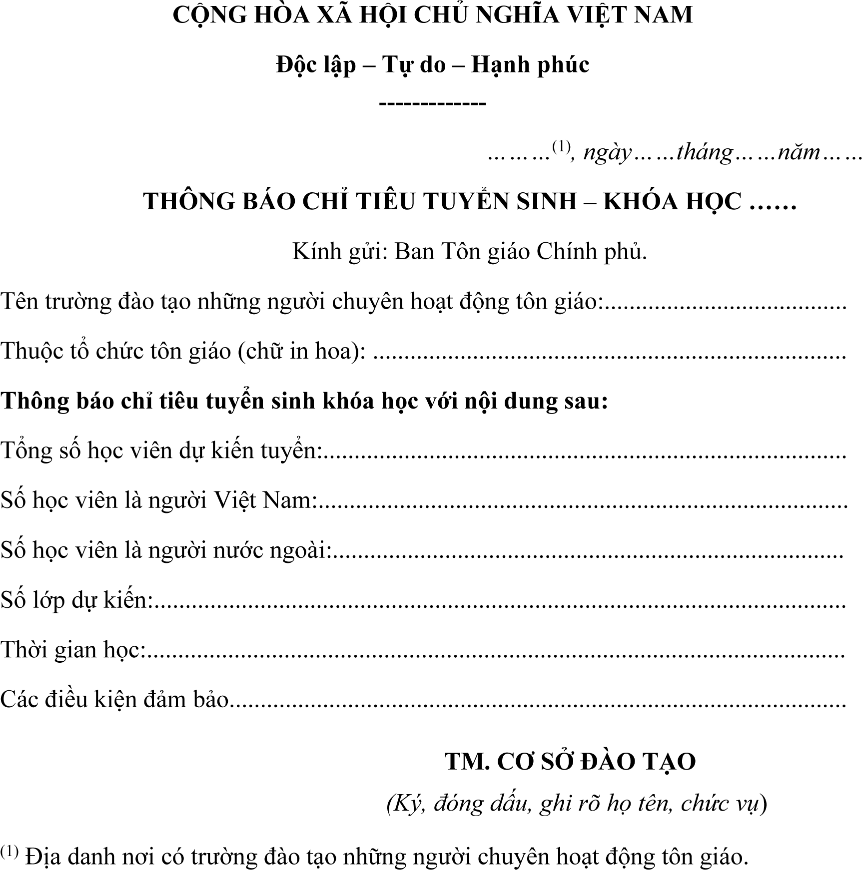 Mẫu thông báo chỉ tiêu tuyển sinh khoá học trường đào tạo tôn giáo
