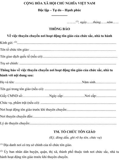 Mẫu thông báo thuyên chuyển nơi hoạt động tôn giáo của nhà tu hành
