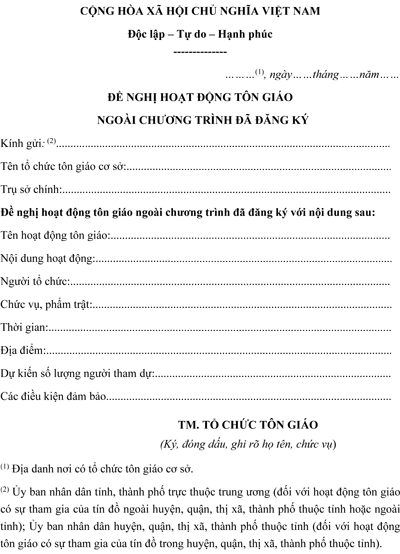 Mẫu đơn xin hoạt động tôn giáo ngoài chương trình đã đăng ký