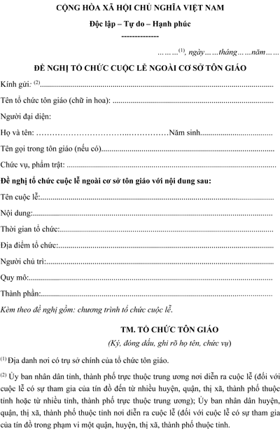 Mẫu đơn xin tổ chức cuộc lễ ngoài cơ sở tôn giáo