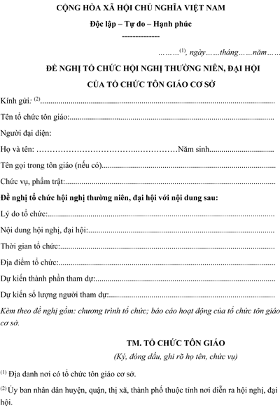Mẫu đơn xin tổ chức hội nghị thường niên của tổ chức tôn giáo cơ sở