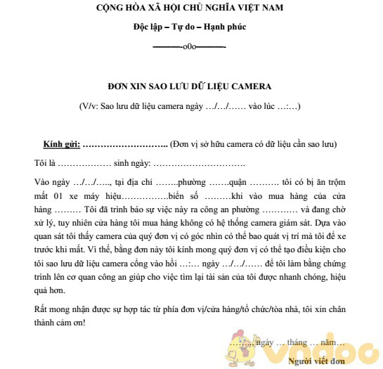 Đơn xin sao lưu dữ liệu camera