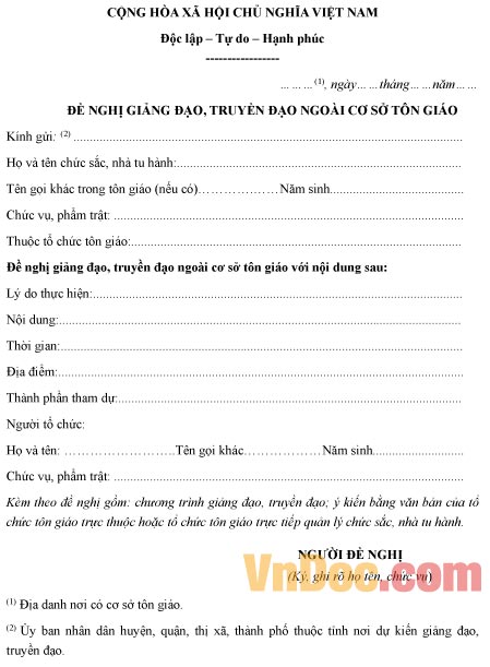 Mẫu đơn đề nghị về việc giảng đạo, truyền đạo ngoài cơ sở tôn giáo