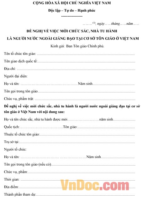 Mẫu đơn đề nghị mời chức sắc, nhà tu hành người nước ngoài giảng đạo tại cơ sở tôn giáo ở Việt Nam